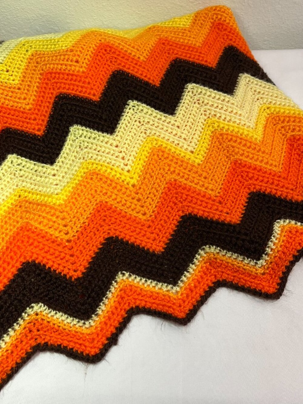 Vintage Crochet Afghan Chevron Zig Zag Orange Fall Autumn Colors 49 X 63